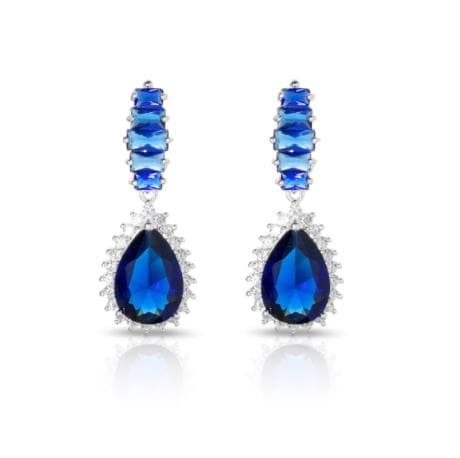 Brinco De Prata Leve Gota Com Zircônia Safira E Zircônia Cristal